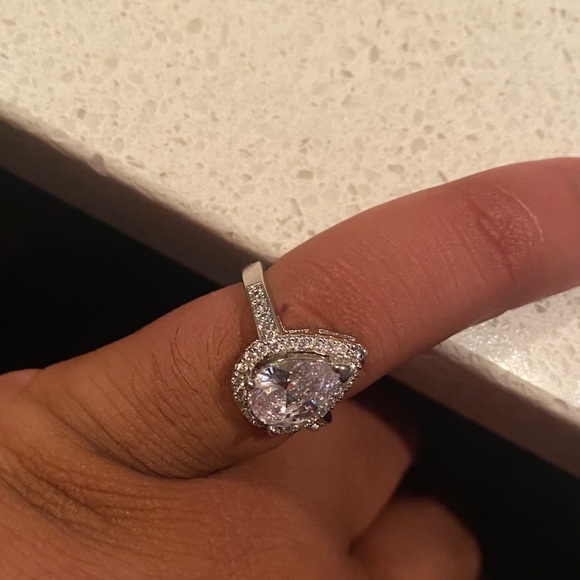 New Halo Pear Austrian Crystal Ring with Single Half Row Pave Engagement Ring - Picture 5 of 12